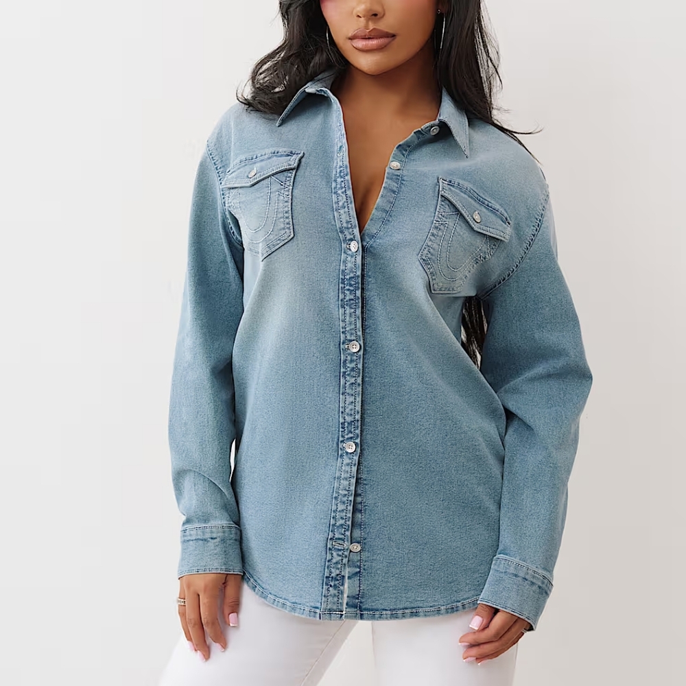 True Religion Oversized Denim Horseshoe Shirt | Size XL | NWT | Light Wash